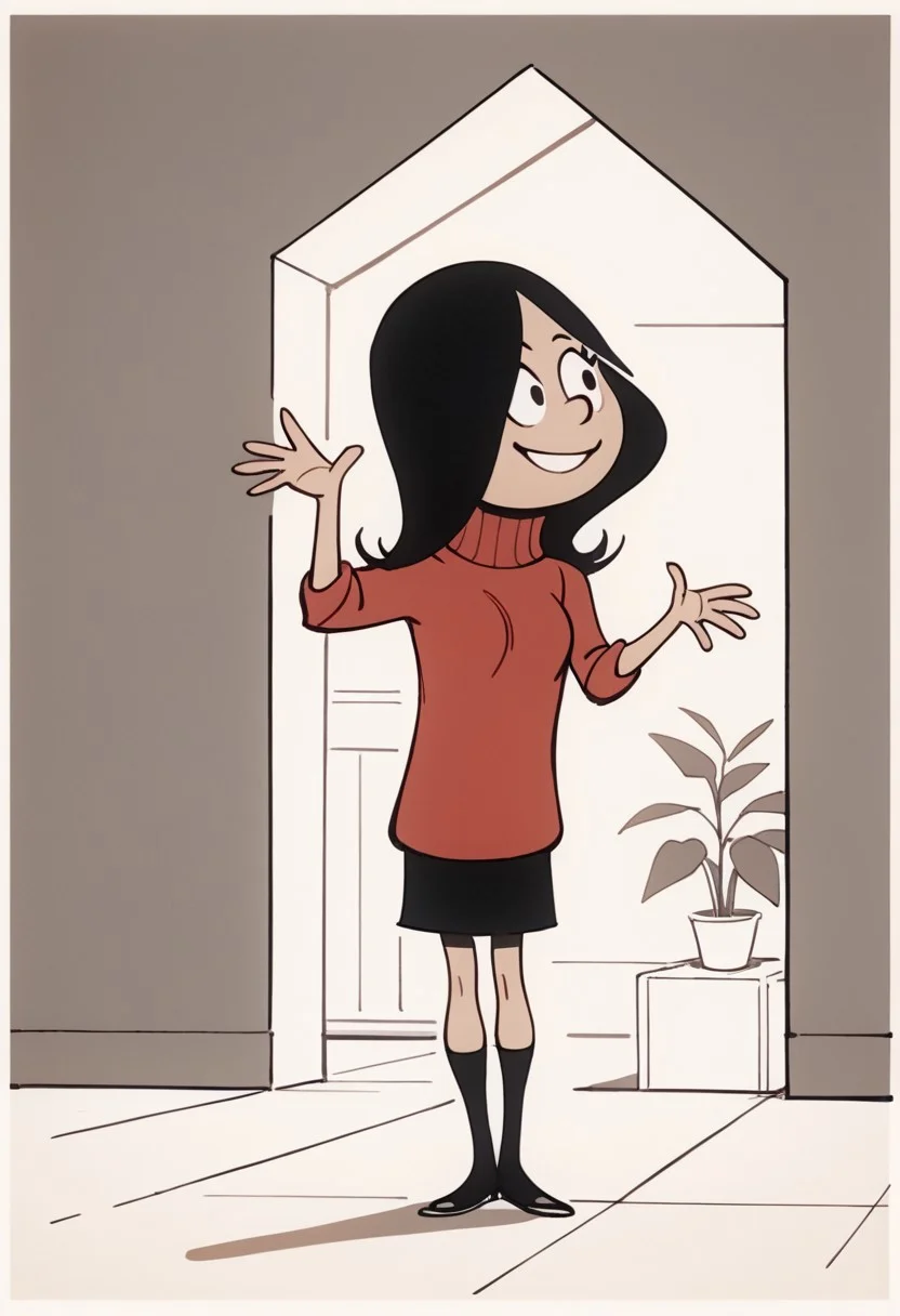 score_9, score_8_up, score_7_up BREAK Calcetinera, 1girl, black hair, black eyes, red turtleneck sweater, black skirt, black socks, flat white shoes, suggestive pose, cartoon, source_cartoon, solo, solo focus, smiling,