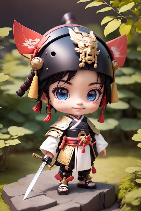 (masterpiece),(best quality),(ultra-detailed), (full body:1.2), 1boy,chibi, smile,(beautiful detailed face), (beautiful detailed eyes), (Simple and clean style_1.5), samurai, dark red armor, sword, samurai helm, tengu mask, Japanese garden, japanese armor,
<lora:blindbox_V1Mix:1> ,