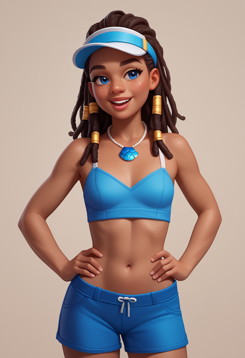 score_9, score_8_up, score_7_up, score_9, score_8_up, score_7_up, casual game art style, casual game art, mobile game art, merge 3 game art, character design, 1girl, solo, long hair, brown hair, dreadlocks, freckles, blue eyes, navel, smile, open mouth, small breasts, shell necklace, midriff, white visor cap, blue shorts, blue swimsuit, hands on hips, cowboy shot, looking to the side, simple background