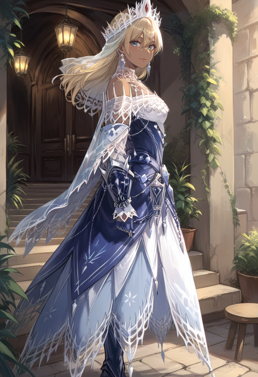 (score_9:0.9),score_8_up,score_7_up,rating_safe,anime style,(zPDXL),<lora:velkhana beta armor ponyXL v1.2:0.77>,velkhana armor,blue long dress,1girl,blonde hair,dark-skinned female,solo,blue gloves,blue thigh boots,from side,looking at viewer,