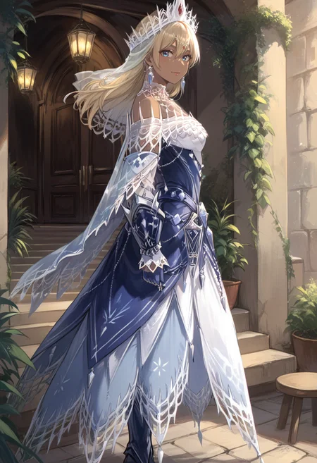 (score_9:0.9),score_8_up,score_7_up,rating_safe,anime style,(zPDXL),<lora:velkhana beta armor ponyXL v1.2:0.77>,velkhana armor,blue long dress,1girl,blonde hair,dark-skinned female,solo,blue gloves,blue thigh boots,from side,looking at viewer,