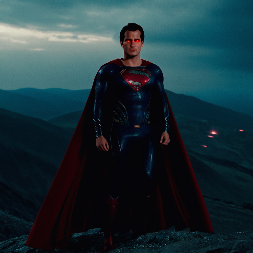 cinematic film still of  <lora:Superman v2:1>
Kal-El, Kryptonian, Man of Steel, Superman a man in a red cape standing on a hill,solo,red eyes,1boy,standing,male focus,cape,mask,muscular,glowing,glowing eyes,red theme,superhero, shallow depth of field, vignette, highly detailed, high budget, bokeh, cinemascope, moody, epic, gorgeous, film grain, grainy