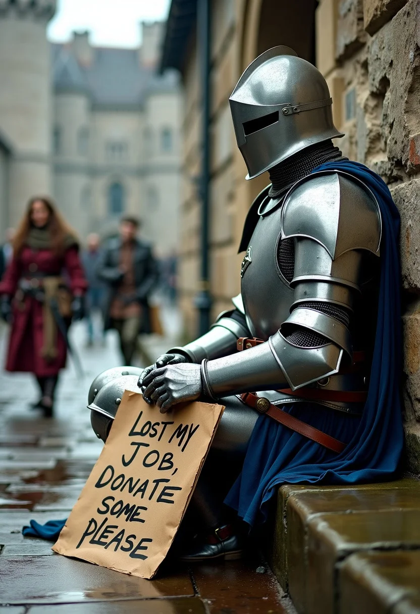A realistic picture of a knight in full medieval armor sitting against a castle wall holding a cardboard sign that reads "Lost my job, please donate some buzz, please!" It is wet and miserable outside, and the mood is depressing. Medieval townsfolk walk past the knight as he sits there begging for buzz.