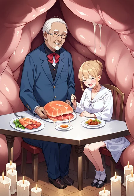 score_9, score_8_up, score_7_up,
source_anime,
BREAK 
1male,1female,(old man,old woman),old couple,
dining table,sitting,dinner,candle,
(vore),
full body