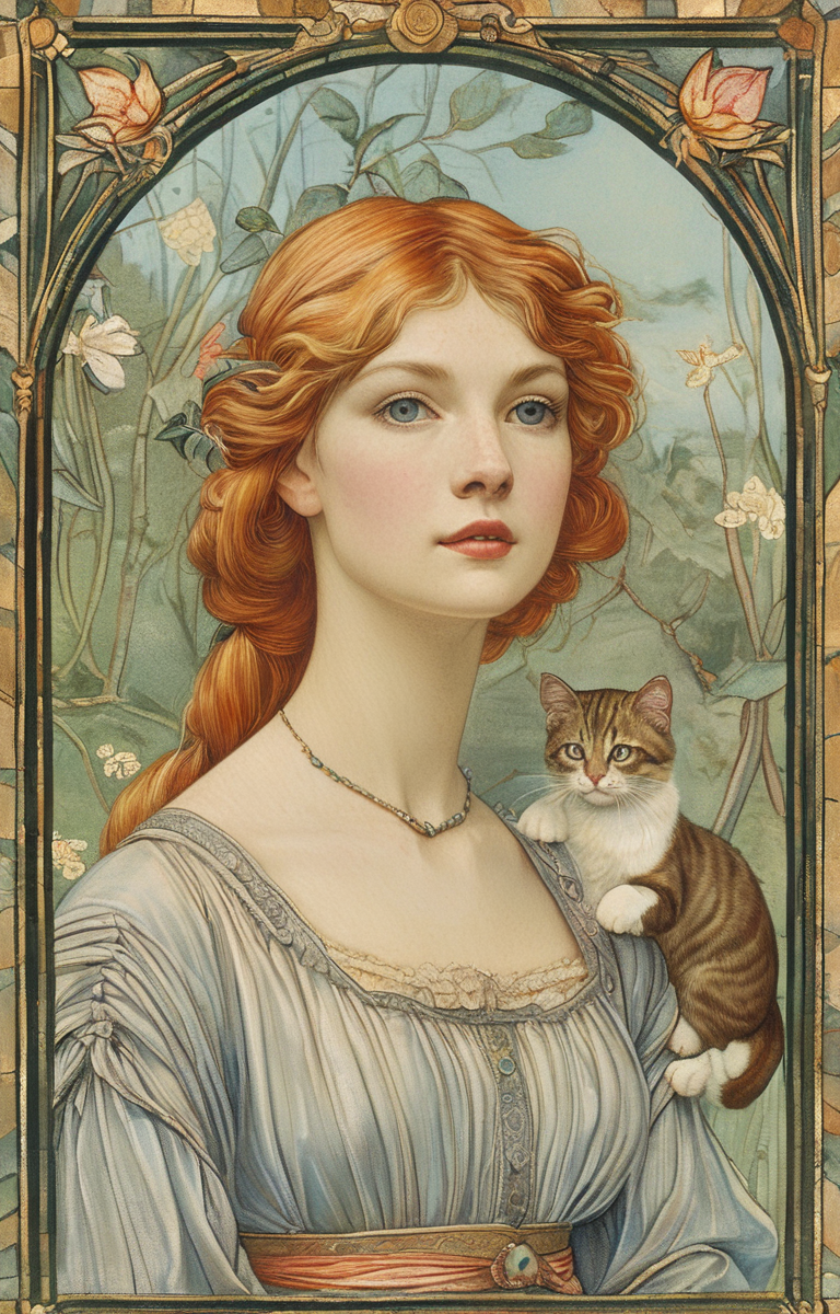 masterpiece,best quality,<lora:tbh132-sdxl:0.8>,portrait of cat,illustration,style of Walter Crane,