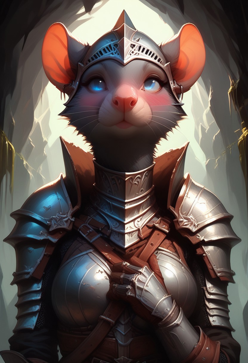 score_9, score_8_up, score_7_up, score_6_up, 1 anthro skaven girl, sexy face, wearing knight female armor, wearing helmet, sword in hand, cute face, blue eyes, hazel red eyes, shy, nose blush, medium boobs, chest up, grey fur, bald, fullbody, smirking, (dark green glowing cave background), front view, full body view