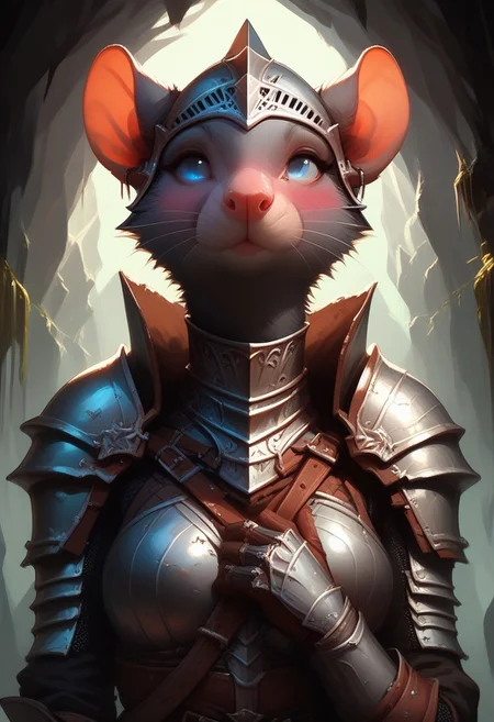 score_9, score_8_up, score_7_up, score_6_up, 1 anthro skaven girl, sexy face, wearing knight female armor, wearing helmet, sword in hand, cute face, blue eyes, hazel red eyes, shy, nose blush, medium boobs, chest up, grey fur, bald, fullbody, smirking, (dark green glowing cave background), front view, full body view