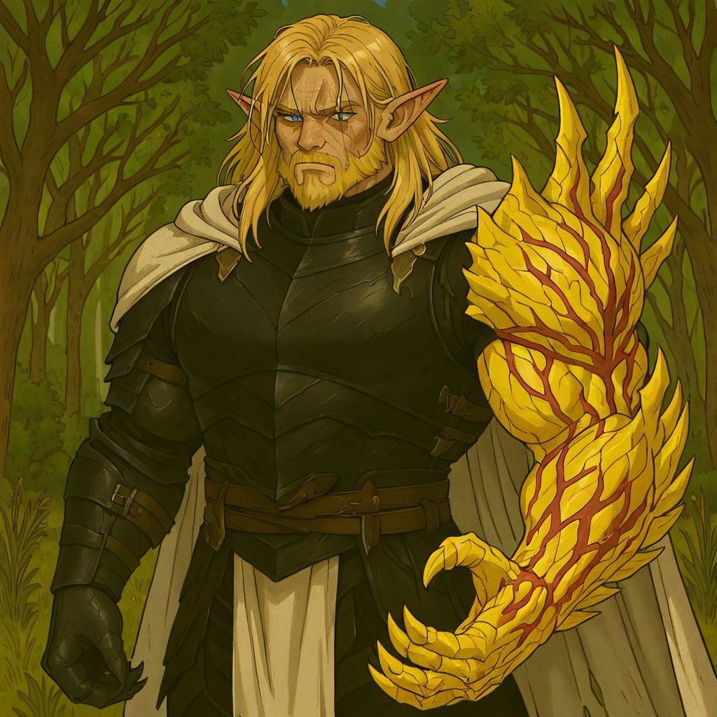 masterpiece, best quality, newest, absurdres, highres, DARV1.0, prosthetic arm, prosthesis, veins, claws, 

1boy, manly, elf, beard, muscular male, blonde, blonde hair, pointy ears, scar, scar on face, armor, cape, chestplate, chest armor, black armor, black leather, white cape,
