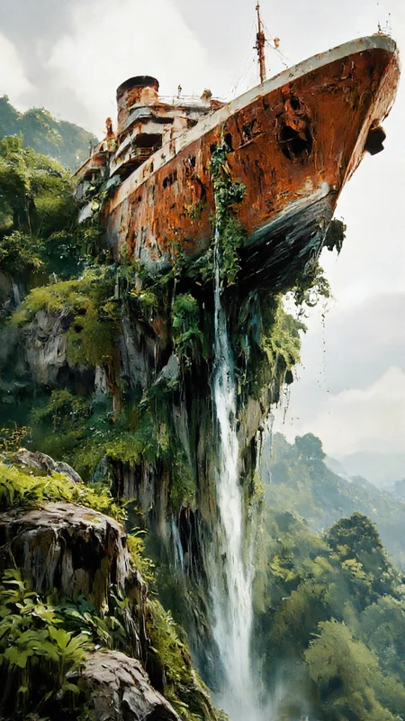 high-resolution photograph depicting a surreal scene of an abandoned, rusted cruise ship precariously perched atop a lush, verdant cliff. The ship, with its weather-beaten, corrugated metal exterior, appears to have been partially swallowed by the dense jungle that covers the cliff. The upper decks are overgrown with vines and moss, while the lower decks are partially submerged in a waterfall that cascades down the cliff face, creating a dramatic effect. The ship's superstructure is intact, with multiple decks visible, including a large, square funnel and a small, square structure that might be a lifeboat. The surrounding landscape is lush and green, with a variety of trees and plants covering the cliff and extending into the background. The sky is hazy, suggesting either early morning or late afternoon, with soft, diffused light casting a warm glow over the scene. The overall atmosphere is one of decay and rebirth, with the ship's rust and decay contrasting starkly with the vibrant, thriving vegetation. The image captures a sense of mystery and timelessness, blending the industrial past with the natural present.,aidmaimageupgrader, aidmaMJ6.1, intricate linework with expressive contrasts <lora:aidmaMJ6.1-FLUX-v0.5:0.7> <lora:aidmaImageUprader-FLUX-v0.3:0.4> <lora:FLUX_fantasy_Styler_2_64:0.8>