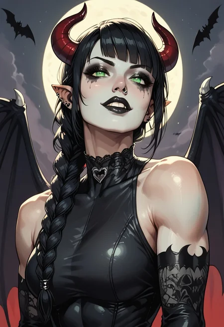 score_9, score_8_up, score_7_up, BREAK, 1woman portrait, beautiful, dramatic lights ((Succubus, Demon Girl, Succub, horns, seductive, seductive look, goth, goth girl, goth makeup, muscular, athletic, muscular woman, athletic woman, green eyes, wings, bat wings grey skin, grey colored skin, black hair, long braided ponytail, bangs, side bangs, happy, smug))