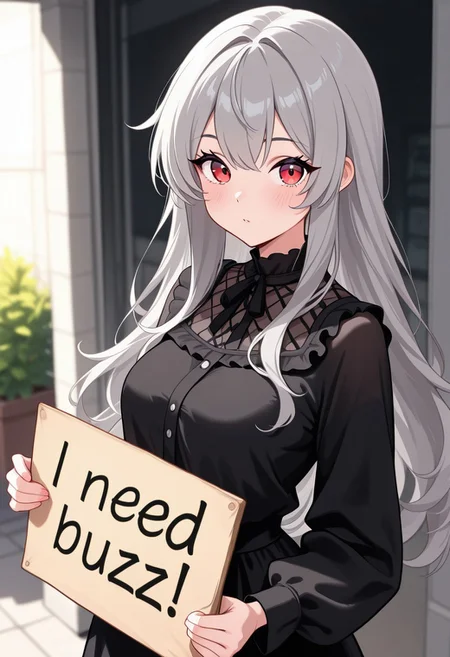 (masterpiece, highest quality, very detailed:1.3), 1girl, long hair, black blouse, red eyes, grey hair, need_buzz, holding sign