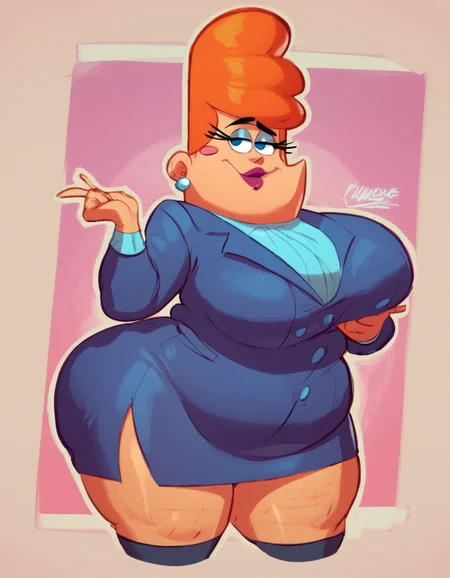 <lora:Geraldine_Waxelplax_PonyXL:1> waxelplax, 1girl, jewelry, earrings, mature female, blue eyes, blush stickers, large breasts, orange hair, lipstick, thick thighs, fat, thighs, suit, ( zPDXL BREAK , score_9, score_8_up, score_7_up:1)