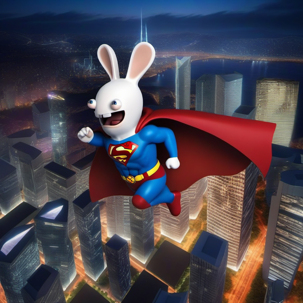 LapinsCrétins1024, a  rabbit as superman fying ove a city,  forest ,highly detailed, attack on titan, photography, ultra sharp, film, professional, 64k  <lora:LapinsCrétins1024:0.8>