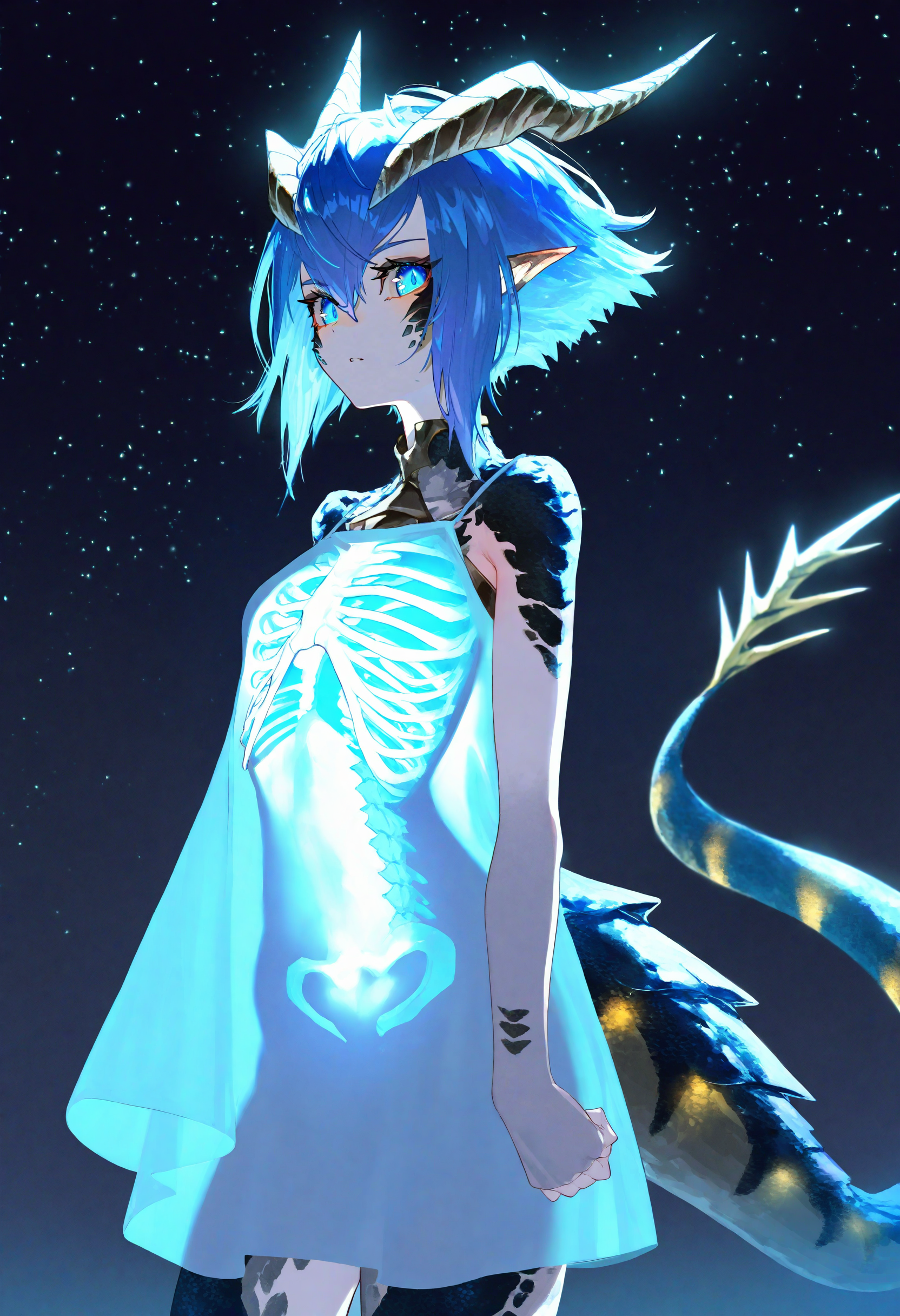 bioluminescence, skadi dragenfelt, bioluminescence, 1girl, artist:[ekrea jan|yoneyama mai|diyokama|say hana|quasarcake], see-through, solo, tail, blue eyes, blue glow, blue hair, glowing, dragon girl, scales, short hair, monster girl, dragon tail, looking at viewer, breasts, small breasts, dragon horns, see-through silhouette, pointy ears, cowboy shot, ribs, standing, backlighting, night, night sky,
masterpiece, best quality, very aesthetic, absurdres
<lora:noobai_vpred_1_aqm_complete_v3:1>