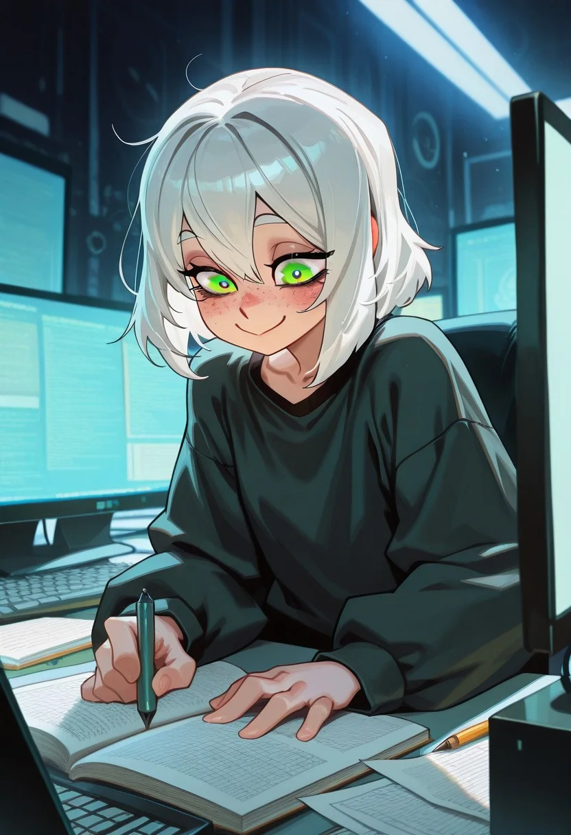 Mevak_PS, masterpiece, best quality, amazing quality, very aesthetic, high resolution, ultra-detailed, extremely detailed eyes, detailed face, absurdres, newest, best illumination, depth of field, complex background, detailed background, 1girl, cute smile, freckles, serene, sitting at desk, white hair, green eyes, computer, homework,