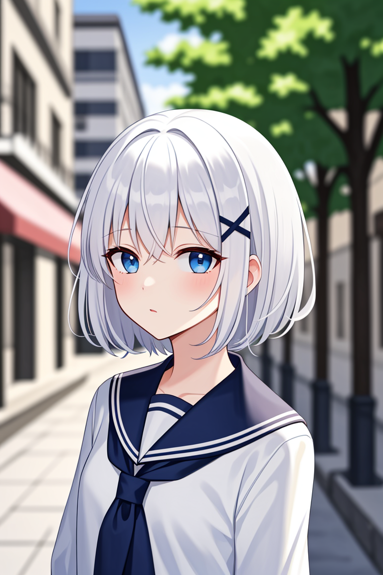 1girl, short hair, (white hair:1.2), x hair ornament, blue eyes, 
outdoors, detailed background, city, 
neckerchief, 
serafuku, 
 <lora:SiestaV1.0-000001:1> siesta diad,, <lora:LCM_LoRA_Weights_SD15:1>
