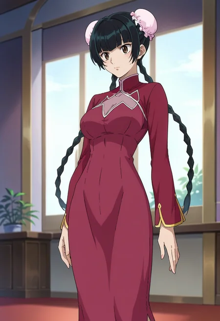 score_9,score_8_up,score_7_up,score_6_up,score_5_up,score_4_up,anime coloring BREAK source_anime,anime,<lora:Wang_Liu_Gundam00_Pony_v2:0.8>,liumeis1,1girl,solo,brown eyes,black hair,bangs,twin braids,hair bun,double bun,bun cover,dress,clothing cutout,cleavage cutout,standing,indoors,
