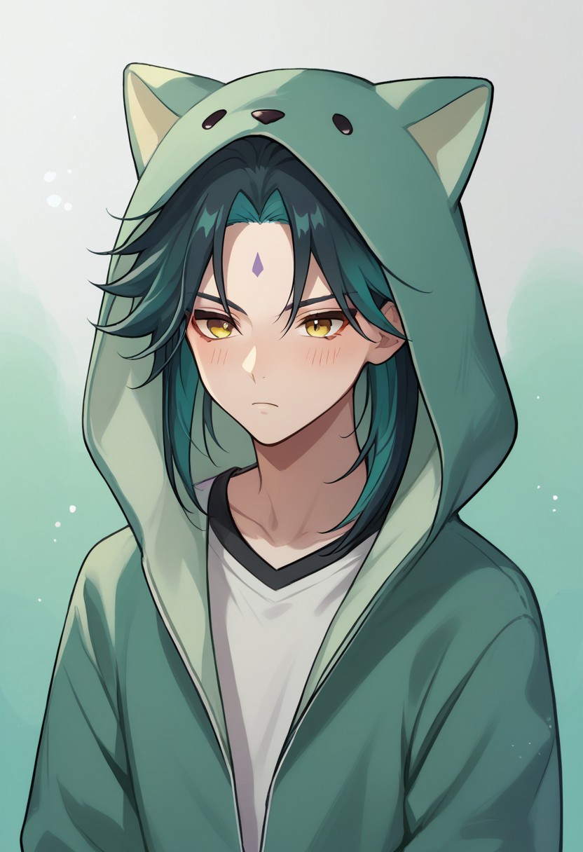 score_9, score_8_up, score_7_up, source_anime, highly detailed, 
xiao, 1boy, male focus, solo, green hair, black hair, two-tone hair, yellow eyes, facial mark, forehead mark, bangs,  hoodie, hood, animal hood, hood up, blush, frown,
indoor,