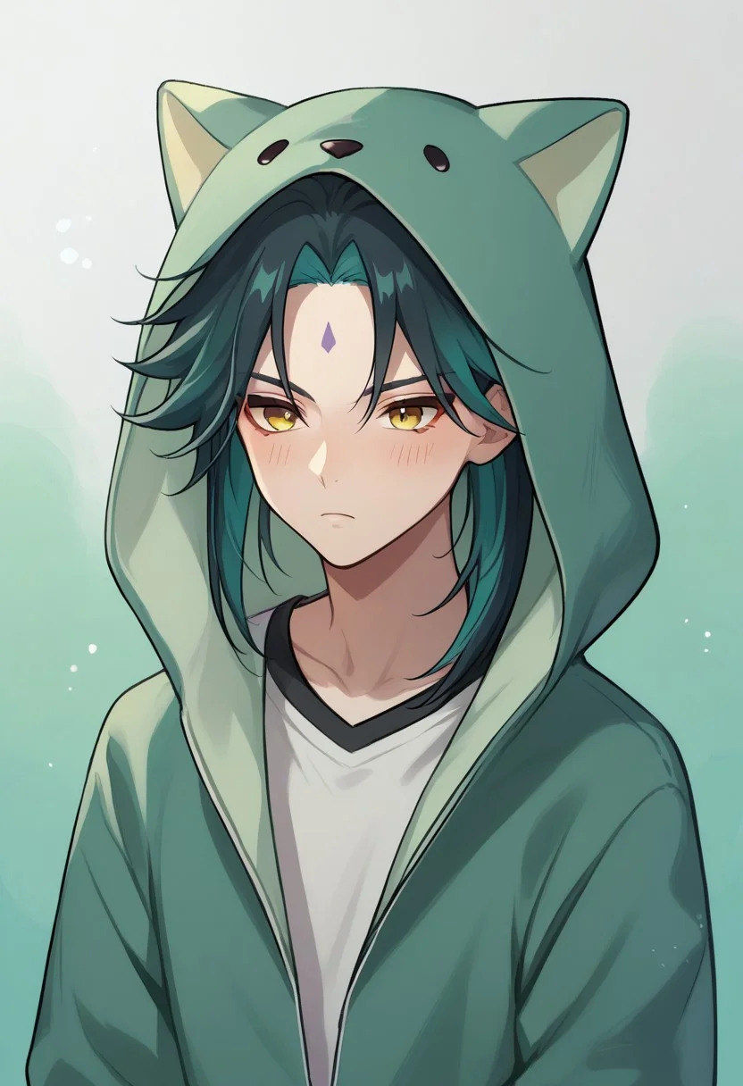 score_9, score_8_up, score_7_up, source_anime, highly detailed,
xiao, 1boy, male focus, solo, green hair, black hair, two-tone hair, yellow eyes, facial mark, forehead mark, bangs, hoodie, hood, animal hood, hood up, blush, frown,
indoor,