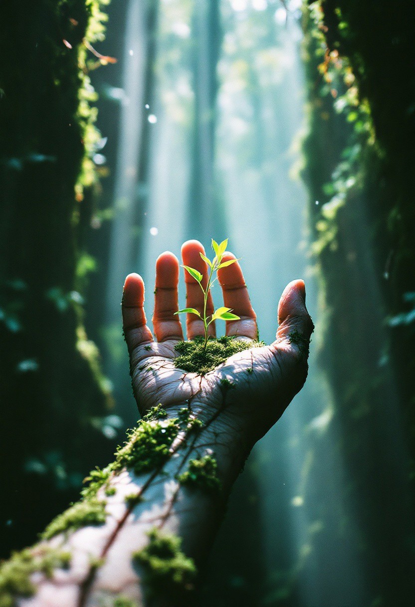 Captured with a Canon AE-1 using expired Kodak Gold 200 film, the image shows a moss-covered hand reaching intensely into a narrow frame, cradling a fragile, freshly sprouted plant between its fingers. The textures of skin and moss have bled into semi-abstract forms due to severe multiple exposures and chemical deterioration during development.
Thick, volumetric beams of contaminated light break across the frame, flooding the cramped visual field with heavy, misty shafts that dance through the lingering dust and chemical artifacts, wrapping the hand in an otherworldly glow.
The hand itself appears almost translucent where the film’s highlights have burnt out entirely; veins of moss trail like ancient rivers across the cracked skin, glowing faintly under the fractured light. Tiny beads of moisture cling to the surface, refracting the broken illumination into shimmering prismatic halos exactly where the film degradation is at its most violent.
The background, once a forest floor, has dissolved into chaotic swirls of pastel greens and ghostly whites from extreme overexposure and chemical fogging, isolating the sacred connection between hand and plant.
Rust-colored and crimson film burns eat into the corners of the frame, forming organic, blistering wounds across the emulsion. Scratches, chemical bubbles, and crystalline veins lace the image, making the entire scene pulse like a breathing artifact suspended between life, death, and rebirth.