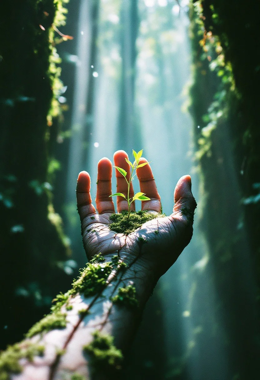 Captured with a Canon AE-1 using expired Kodak Gold 200 film, the image shows a moss-covered hand reaching intensely into a narrow frame, cradling a fragile, freshly sprouted plant between its fingers. The textures of skin and moss have bled into semi-abstract forms due to severe multiple exposures and chemical deterioration during development.
Thick, volumetric beams of contaminated light break across the frame, flooding the cramped visual field with heavy, misty shafts that dance through the lingering dust and chemical artifacts, wrapping the hand in an otherworldly glow.
The hand itself appears almost translucent where the film’s highlights have burnt out entirely; veins of moss trail like ancient rivers across the cracked skin, glowing faintly under the fractured light. Tiny beads of moisture cling to the surface, refracting the broken illumination into shimmering prismatic halos exactly where the film degradation is at its most violent.
The background, once a forest floor, has dissolved into chaotic swirls of pastel greens and ghostly whites from extreme overexposure and chemical fogging, isolating the sacred connection between hand and plant.
Rust-colored and crimson film burns eat into the corners of the frame, forming organic, blistering wounds across the emulsion. Scratches, chemical bubbles, and crystalline veins lace the image, making the entire scene pulse like a breathing artifact suspended between life, death, and rebirth.