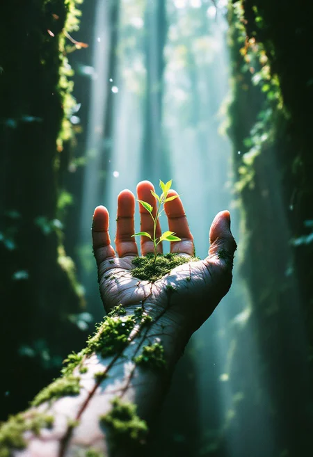 Captured with a Canon AE-1 using expired Kodak Gold 200 film, the image shows a moss-covered hand reaching intensely into a narrow frame, cradling a fragile, freshly sprouted plant between its fingers. The textures of skin and moss have bled into semi-abstract forms due to severe multiple exposures and chemical deterioration during development.
Thick, volumetric beams of contaminated light break across the frame, flooding the cramped visual field with heavy, misty shafts that dance through the lingering dust and chemical artifacts, wrapping the hand in an otherworldly glow.
The hand itself appears almost translucent where the film’s highlights have burnt out entirely; veins of moss trail like ancient rivers across the cracked skin, glowing faintly under the fractured light. Tiny beads of moisture cling to the surface, refracting the broken illumination into shimmering prismatic halos exactly where the film degradation is at its most violent.
The background, once a forest floor, has dissolved into chaotic swirls of pastel greens and ghostly whites from extreme overexposure and chemical fogging, isolating the sacred connection between hand and plant.
Rust-colored and crimson film burns eat into the corners of the frame, forming organic, blistering wounds across the emulsion. Scratches, chemical bubbles, and crystalline veins lace the image, making the entire scene pulse like a breathing artifact suspended between life, death, and rebirth.