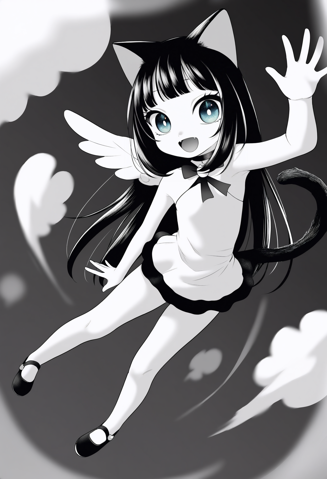 best quality, amazing quality, very aesthetic, absurdres,
greyscale, monochrome,
BREAK
1girl, angel wings, animal ears, blue eyes, cat ears, cat girl, cat tail, dress, long hair,
looking at viewer, magical girl, solo, tail, waving, wings, yume kawaii, yume ne,   <lora:PokemonAdventuresNoobLocon_byKonan:1>