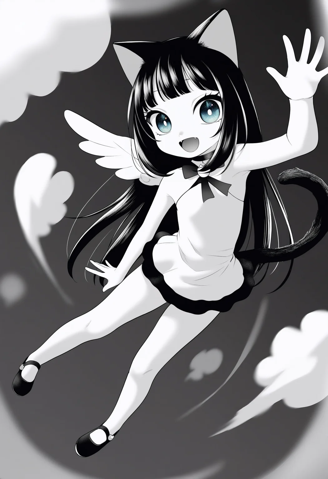 best quality, amazing quality, very aesthetic, absurdres,
greyscale, monochrome,
BREAK
1girl, angel wings, animal ears, blue eyes, cat ears, cat girl, cat tail, dress, long hair,
looking at viewer, magical girl, solo, tail, waving, wings, yume kawaii, yume ne, <lora:PokemonAdventuresNoobLocon_byKonan:1>
