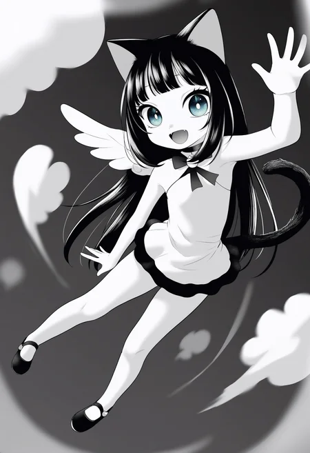 best quality, amazing quality, very aesthetic, absurdres,
greyscale, monochrome,
BREAK
1girl, angel wings, animal ears, blue eyes, cat ears, cat girl, cat tail, dress, long hair,
looking at viewer, magical girl, solo, tail, waving, wings, yume kawaii, yume ne, <lora:PokemonAdventuresNoobLocon_byKonan:1>