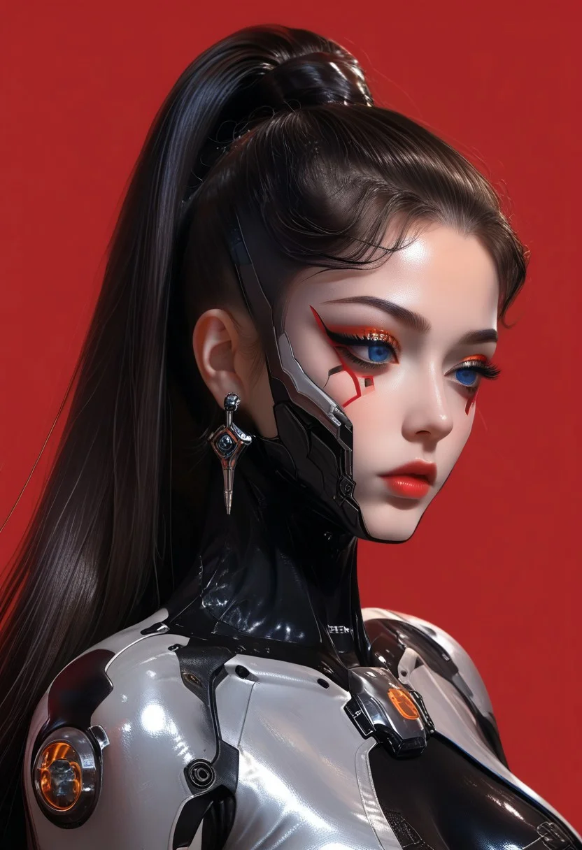 1girl, pretty girl, korean  solo, black hair, long hair, beautiful hair, sleek hair, high ponytail,  long ponytail,superp0nytail,, blue eyes,  large breasts, seductive,
ruanyi0868,bodysuit,science fiction,skin tight
 makeup,earrings,,long eyelashes,perfect body, 
score_9,score_8_up,score_7_up, source_anime