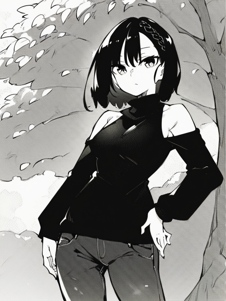score_9, score_8_up, score_7_up,  
1girl, monochrome, kokonoe chika, black hair, medium hair, braid, 

standing, hand on hip, expressionless, closed mouth, looking at viewer, black sweater, turtleneck, long sleeves, bare shoulders, jeans, outdoors, park, solo,