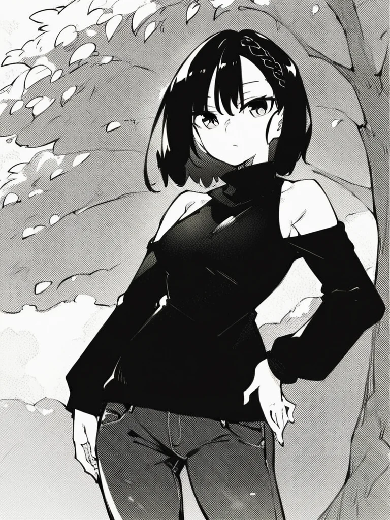 score_9, score_8_up, score_7_up,
1girl, monochrome, kokonoe chika, black hair, medium hair, braid,
standing, hand on hip, expressionless, closed mouth, looking at viewer, black sweater, turtleneck, long sleeves, bare shoulders, jeans, outdoors, park, solo,
