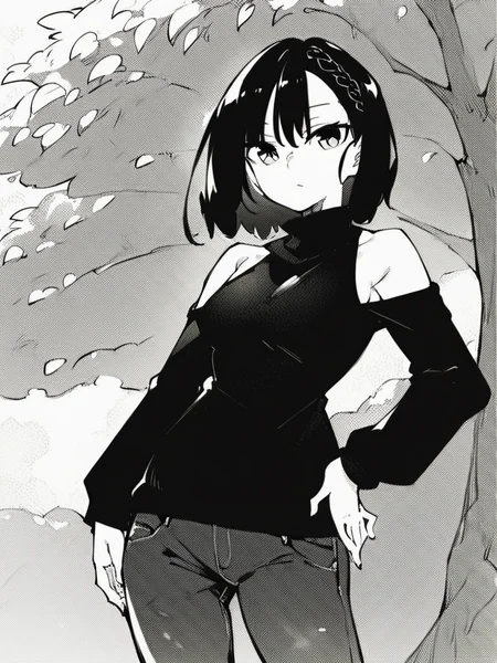 score_9, score_8_up, score_7_up,  
1girl, monochrome, kokonoe chika, black hair, medium hair, braid, 

standing, hand on hip, expressionless, closed mouth, looking at viewer, black sweater, turtleneck, long sleeves, bare shoulders, jeans, outdoors, park, solo,