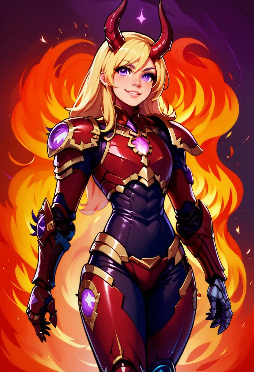 score_9, score_8_up, score_8,
Khrn, 1girl, solo, long hair, looking at viewer, smile, blonde hair, purple eyes, cowboy shot, horns, armor, cosplay, gauntlets, prosthesis, power armor, fire background,