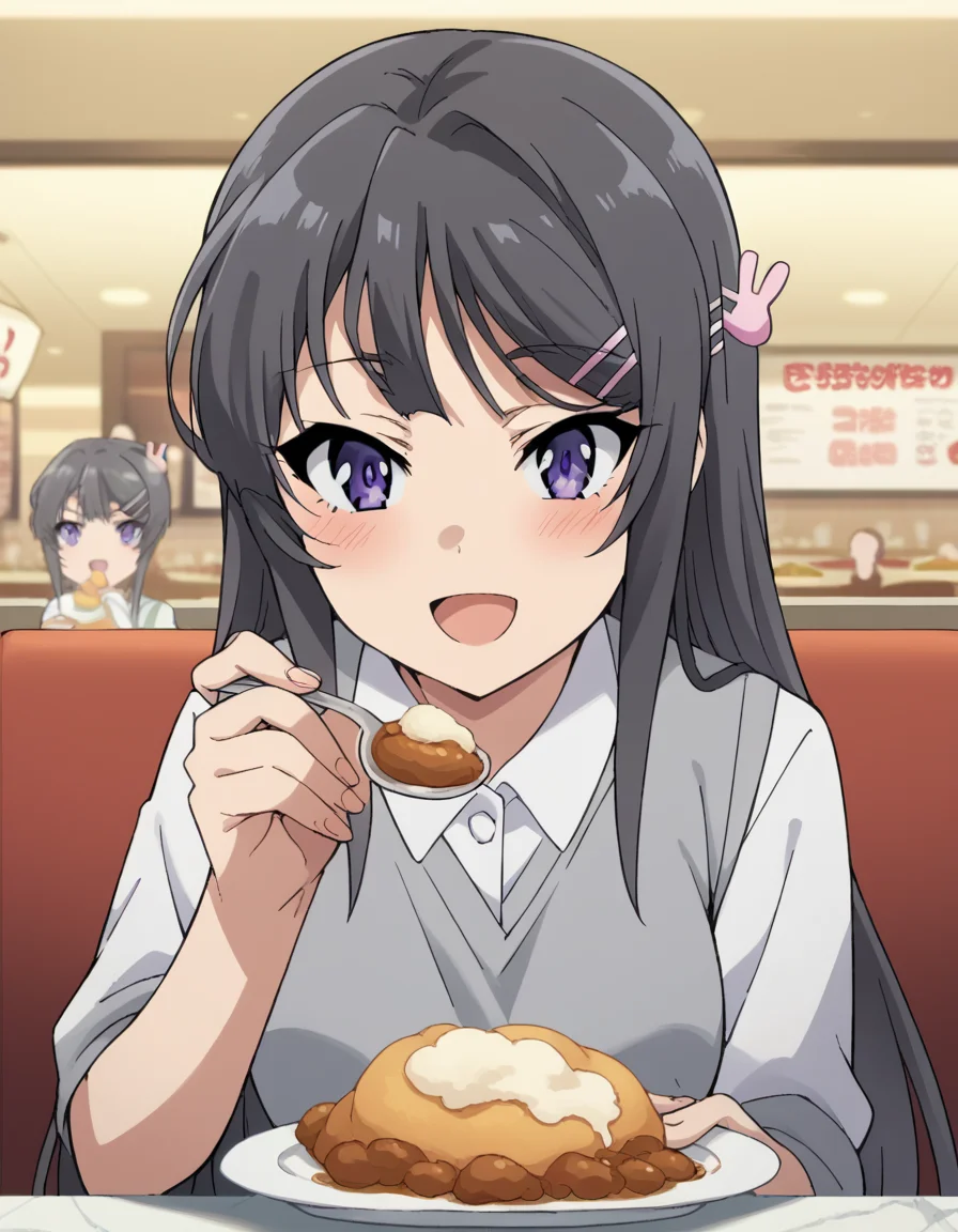 score_9, score_8_up, score_7_up, source_anime, maisakurajima, <lora:mai-sakurajima-s1-ponyxl-lora-nochekaiser:1> mai sakurajima, long hair, bangs, black hair, hair ornament, purple eyes, hairclip, rabbit hair ornament, medium breasts,, <lora:incoming-spoon-ponyxl-lora-nochekaiser:1> incoming food, spoon, holding, holding spoon, food, looking at viewer, open mouth, blush, smile, restaurant, plate, hand up,, ,