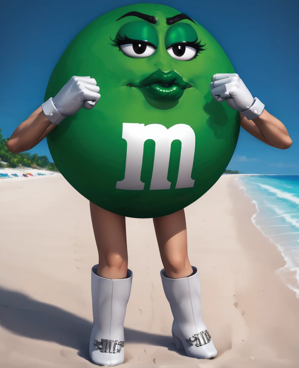 msgreen,white gloves,black eyes, clenched hands,
standing,boots, green eyeshadow, lips,
beach resort,morning,
<lora:MsGreen:1>,