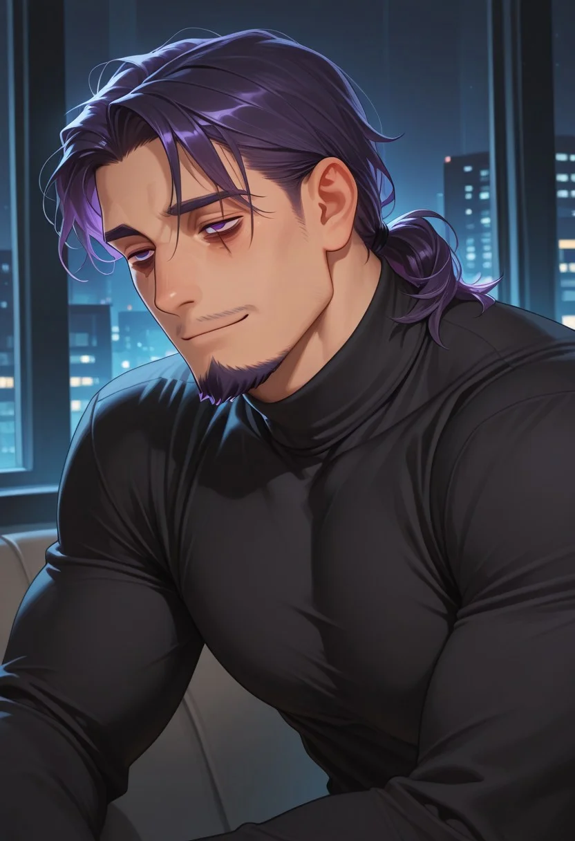 1boy, mbti_intp, mature man, purple eyes, droopy eyes, eye bags, tied hair, goatee, soft lighting, sensual gaze, leaning slightly, hint of a smile, elegant black turtleneck, subtle muscle definition, sophisticated urban background, nighttime