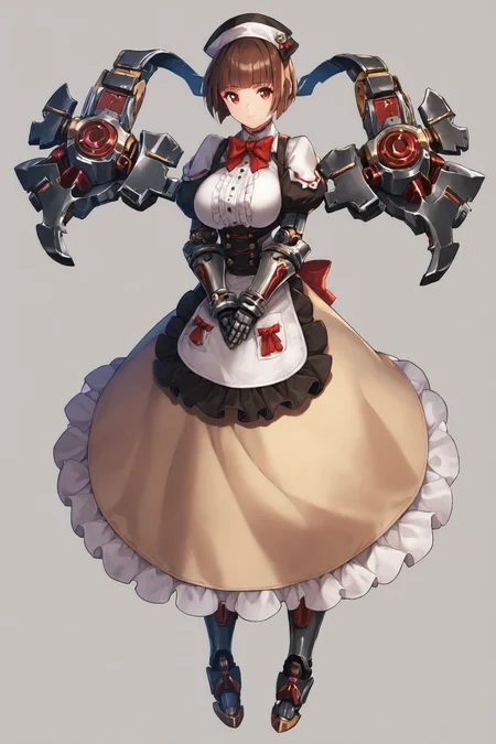 1girl,solo,brown hair,simple background,dress,full body,breasts,joints,white background,long sleeves,looking at viewer,apron,bangs,frills,boots,juliet sleeves,bow,own hands together,red eyes,gauntlets,standing,hat,puffy sleeves,bowtie,large breasts,short hair,blunt bangs,gloves,robot joints,score_9,score_8_up,<lora:saitom_XL_PONY:0.8>,