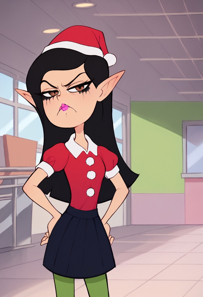 score_8_up, score_7_up, 1girl, solo, cute, upper body, standing, hand on hip, cute squint, frown, half-closed eyes, mouth closed, grumpy, looking at viewer, Brittney_W, Chinese-American girl, light skin, waist-length, black hair, brown eyes, pink lipstick, black mascara, christmas elf outfit, red hat, fake elf ears, short skirt, green leggings, working in mall, crowded mall, christmas season,