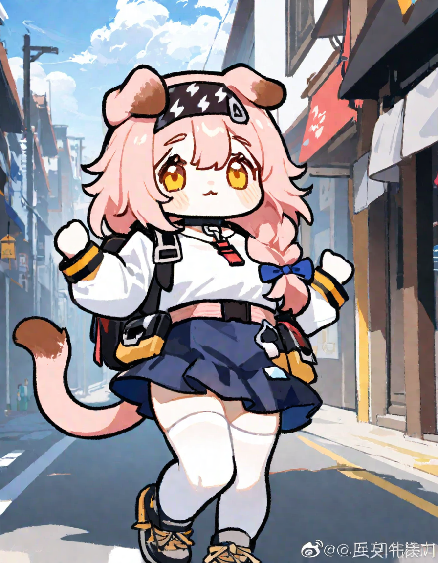 1girl, 
goldenglow \(arknights\),  
cat ears, outdoors, street, cloudy sky, watermark, day, weibo logo, weibo username, skirt, tail, shirt, blue sky, blue skirt, thighhighs, bag, hairband, lightning bolt print, cat girl, cloud, cat tail, hair between eyes, braid, solo, looking at viewer, animal ears, black hairband, long hair, sky, pink hair, white thighhighs, single braid, backpack, yellow eyes, road, artist name, white shirt, 
masterpiece, best quality,  safe
 <lora:coco_xl_v1-000010:1>