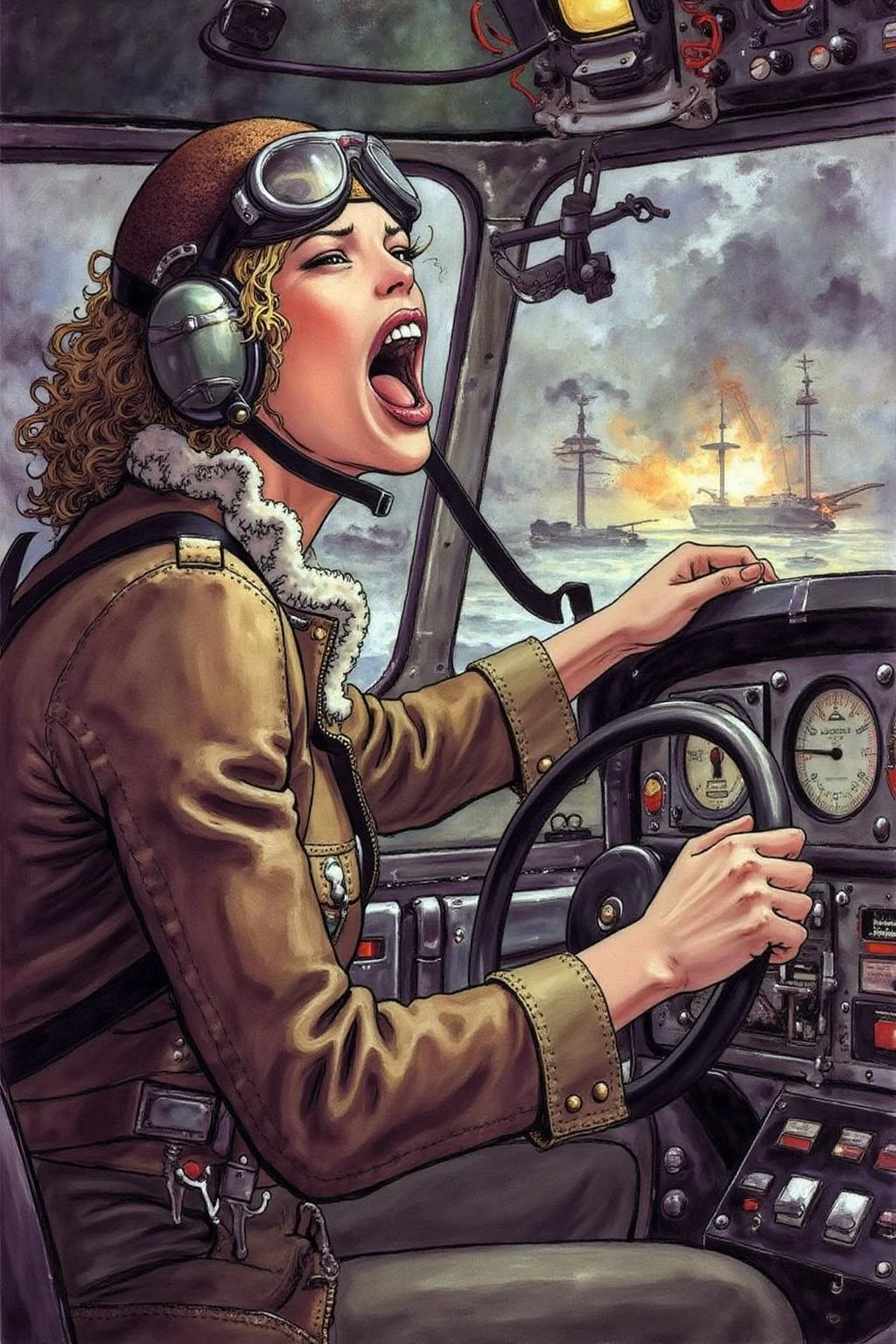 itacomic1 illustration. A female pilot screaming inside the cockpit of a WWII bomber. The pilot, wearing a vintage leather flight helmet with goggles and a brown bomber jacket, grips the controls with white-knuckled hands. Her face is contorted in a mix of fear and determination as she yells, her eyes wide with adrenaline. The cockpit is cramped and filled with old-fashioned dials and gauges, with the outside view showing dark stormy clouds and distant anti-aircraft fire. The scene is lit by the eerie glow of the instrument panel, casting harsh shadows across her face, emphasizing the intensity and danger of the moment. High contrast, dynamic composition, gritty and realistic, with a cinematic feel. <lora:itacomic_mima6_nocap_d6a3e11:1.0><lora:806428419899415997:0>
