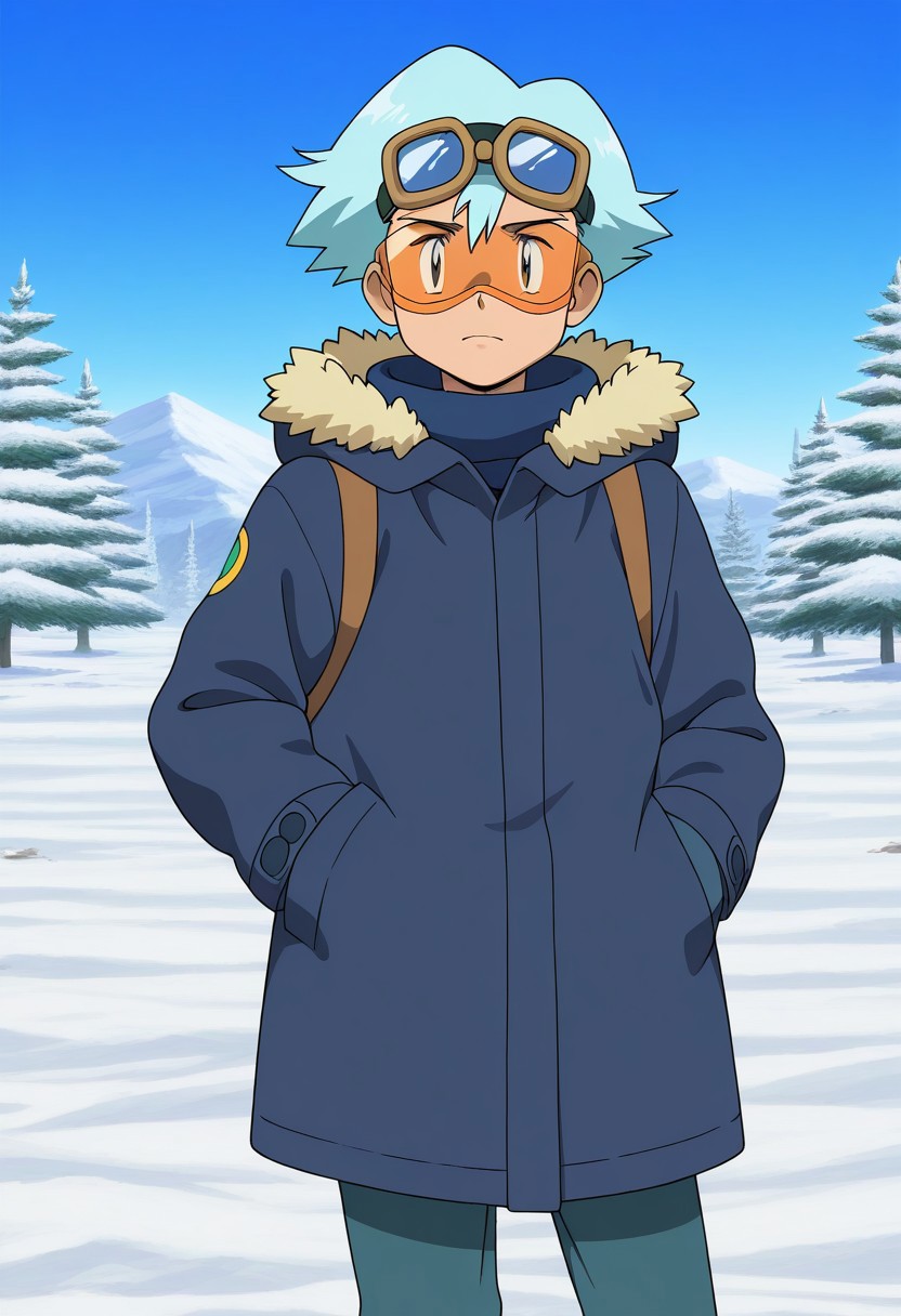 pokemon \(classic anime\), anime screencap, 
best quality, masterpiece, amazing quality, very aesthetic, absurdres, 
1boy, solo, light blue hair, coat, goggles, looking at viewer, outdoors, snow