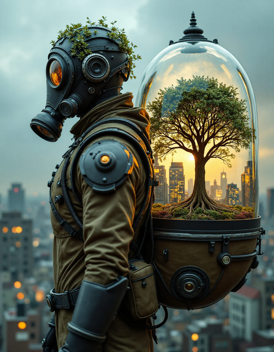 A figure wearing a futuristic, steampunk-inspired gas mask and armored suit, carrying a large, transparent backpack revealing a thriving tree in the center of a city.  The figure's posture is contemplative, subtly melancholic, yet hopeful.  The suit is detailed with intricate mechanical components and pipes,  a mix of muted earthy tones and metallic gray, highlighting a futuristic, almost apocalyptic aesthetic.  The gas mask is functional and dark, contrasting with the lighter khaki-colored layers of the suit.  Tiny, detailed flowers adorn the headpiece.  The backpack's glass viewing dome exposes a mature, full-sized tree growing through a city skyline, showcasing its roots deeply intertwined with buildings.  The city backdrop is rendered in muted blues and grays, with hints of subtle atmospheric lighting and a melancholic tone that suggests a post-apocalyptic civilization.  The lighting dramatically highlights the details of the machinery and the intricate details of the tree within the dome. The interplay of light and shadow creates a dramatic contrast, emphasizing the overall somber yet hopeful atmosphere.  Art Nouveau-inspired ornamentation and organic design elements are present in the backpack's design, aidmafluxproultra, <lora:aidmaFluxProUltra:0.5>
