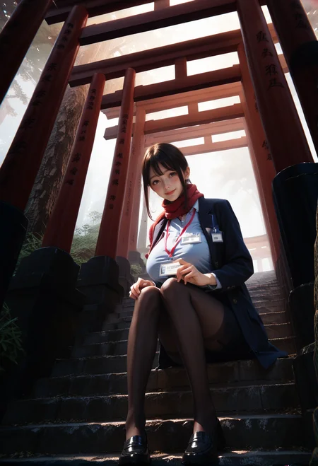 ,ruanyi0942,multiple torii,outdoors,stone stairs,tree,
sitting on stairs,,ruanyi0904,black skirt,blue shirt,coat,red scarf,red lanyard,ID card,black pantyhose,<lora:0942 torii_v1_pony:1>,<lora:0904 Douki Chan clothing_v1_pony:0.7>, score_9, score_8_up, score_7_up, score_6_up, score_9, score_8_up, score_7_up, score_6_up source_anime, blush, 1girl, seduce smile, perfect body , natural huge breasts
