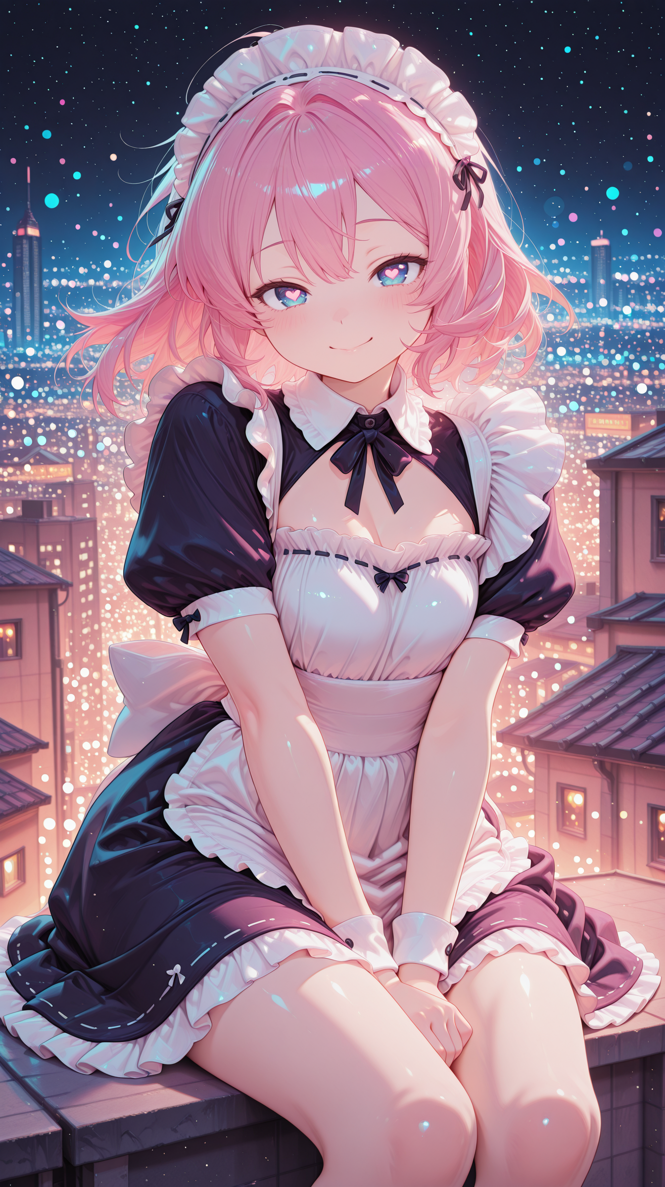 1girl,  soft smile, sitting on a rooftop, city lights in the background, night sky, bokeh effect masterpiece, best quality, amazing quality, very aesthetic, absurdres, detailed eyes, newest, <lora:CivChan:1>, CivChan, purple eyes, pink hair, maid outfit, <lora:PinkieNeonAnimeIL:0.5>, neon illustration in the style of pinkneonanime,