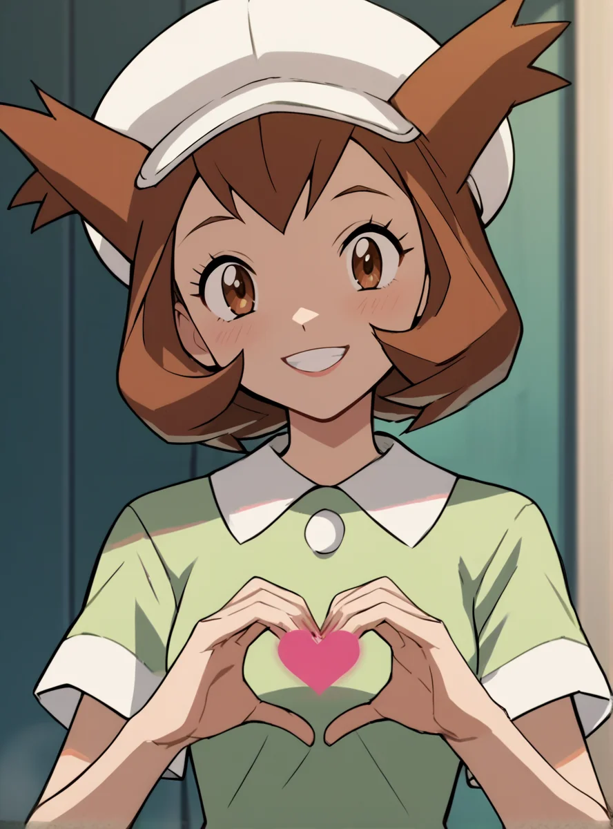 score_9, score_8_up, score_7_up, score_6_up, score_5_up, score_4_up source_anime, anime screencap, <lora:LAtiasAdventure:0.8>1girl, kanonlatias, solo, brown hair hat, smile, brown eyes, short hair mile heart hands,
