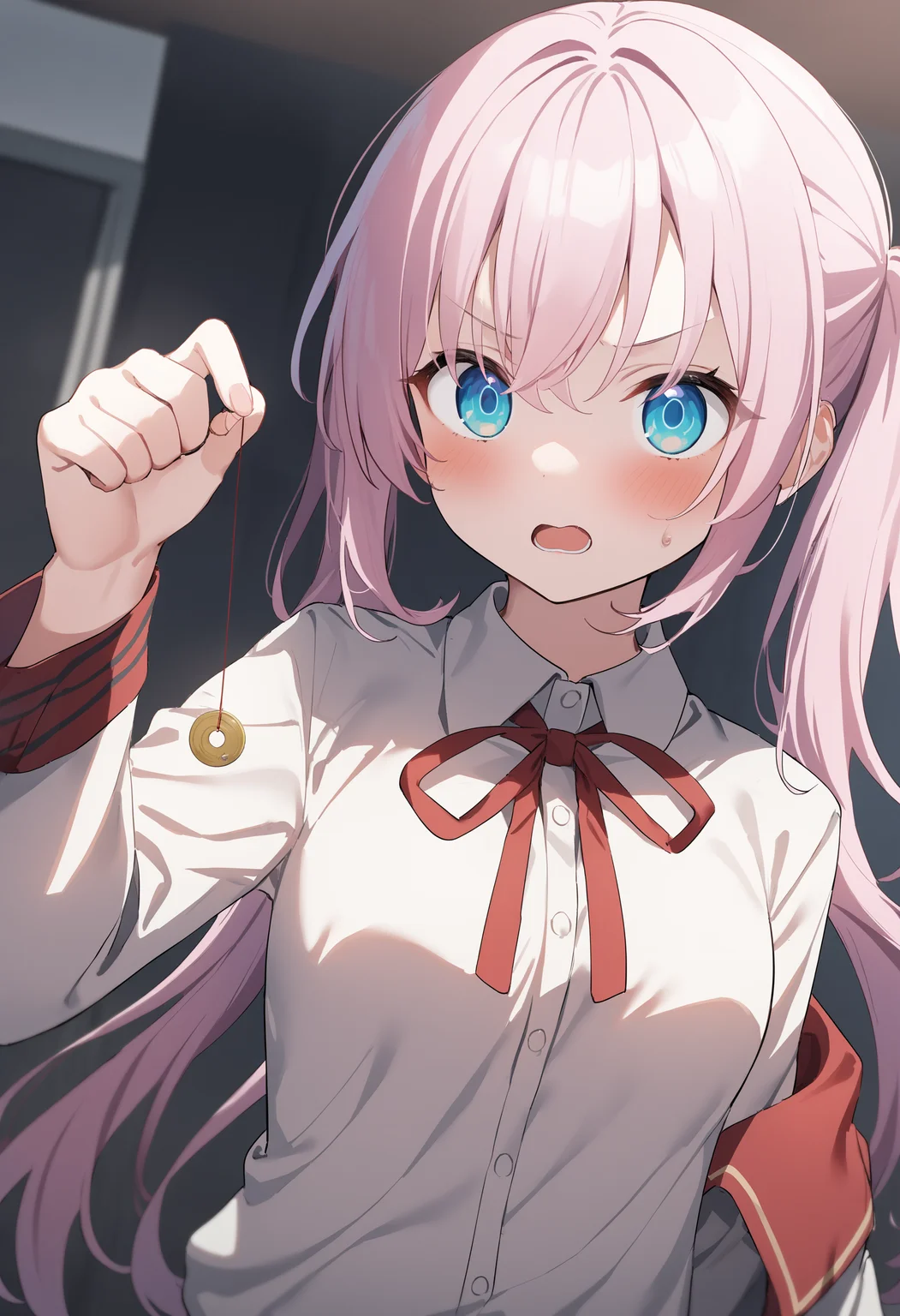 1girl,sincos, ningen mame, toosaka asagi,solo,medium breasts,school uniform,
hypnosis, mind control,looking at viewer, hand up, coin on string, <lora:hypnosis_XL_v1:0.7>
upper body, white hair, white eyes,evil, gym, open mouth, tri tails hair,
best quality, very aesthetic, absurdres