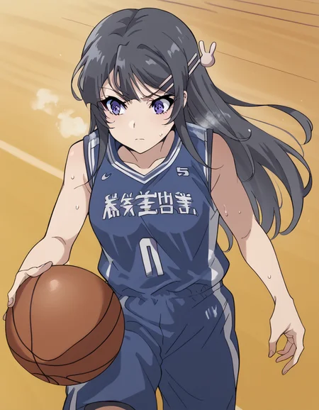 score_9, score_8_up, score_7_up, source_anime, maisakurajima, <lora:mai-sakurajima-s1-ponyxl-lora-nochekaiser:1> mai sakurajima, long hair, bangs, black hair, hair ornament, purple eyes, hairclip, rabbit hair ornament, medium breasts,, <lora:basketball-dribbling-ponyxl-lora-nochekaiser:1> basketball dribbling, dribbling (basketball), basketball, basketball (object), basketball court, playing sports, ball, sweat, steam, running,, <lora:basketball-uniform-ponyxl-lora-nochekaiser:1> basketball uniform, basketball jersery, sportswear, jersey, shorts, sleeveless,, cowboy shot,