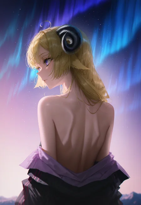 masterpiece, best quality, 1girl, solo, artist:betabeet,artist:john_kafka,artist:nixeu,artist:quasarcake, TsnmkWtm, horns, blonde hair, purple eyes, long hair, ahoge, looking back, aurora, back, bare back, bare shoulders, constellation, from behind, kimono, light particles, long sleeves, off shoulder, <lora:ChamTsunomakiWatameIllustriousXL:1>, <lora:ChamIllustriousBackgroundEnhancer:1>