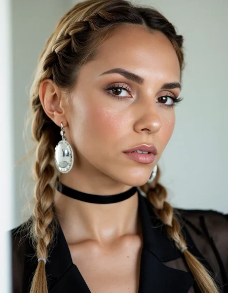 The reflective surfaces of her earrings and outfit create a dynamic interplay with the environment, emphasizing her sleek presence. The minimalist background allows the viewer to focus on her eye-catching fashion and makeup. Captured with a Sony A7R IV camera and a 50mm f/1.2 G Master lens for a beauty editorial shoot, this composition highlights her fashion-forward aesthetic. Inspired by avant-garde fashion photography from Sølve Sundsbø, this image blends contemporary fashion and minimalist elegance, embodying mythp0rt and niji_flux styles for a sleek, high-fashion vision. ((portrait))